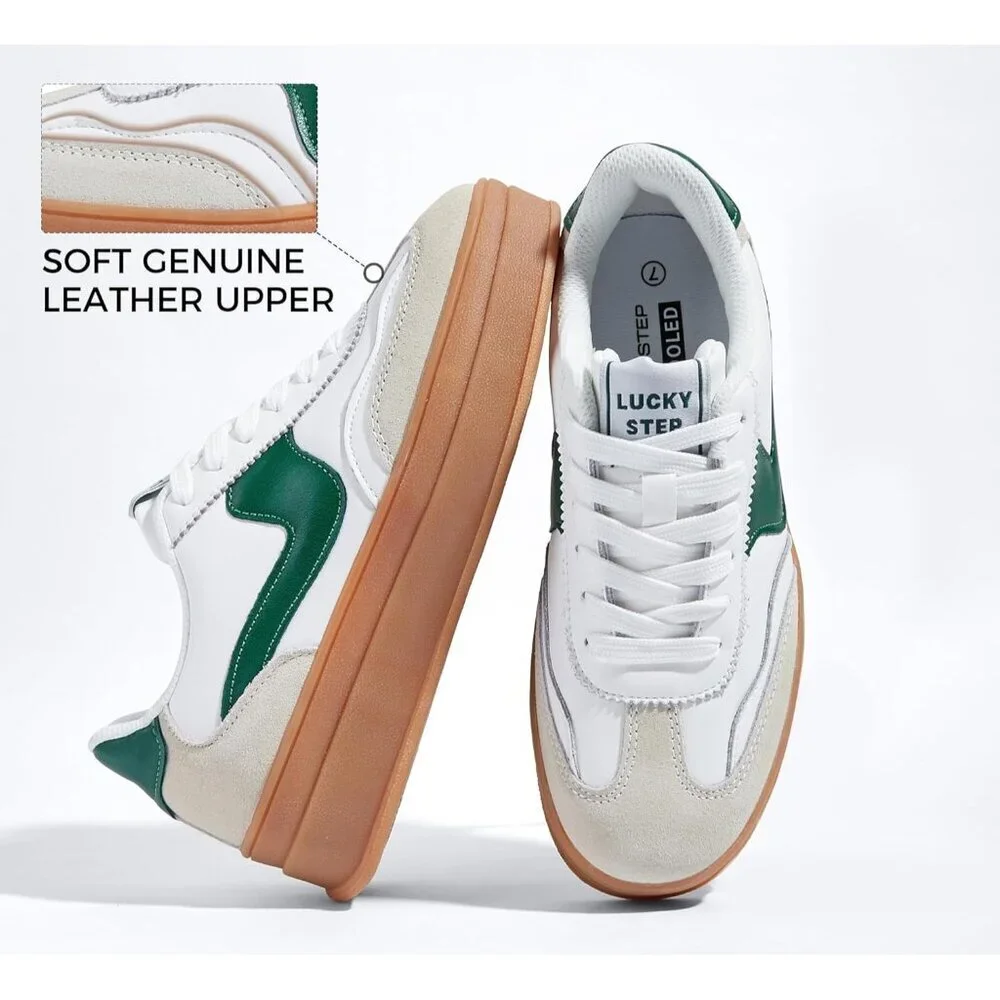 Women Platform WhiteGreen Sneaker Thick Sole Suede Leather Low Top Walking Shoes - Picture 2 of 9